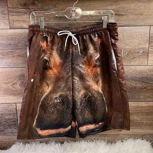 Men’s Novelty Hippo Swim Trunks Shorts, Brown, Size Large